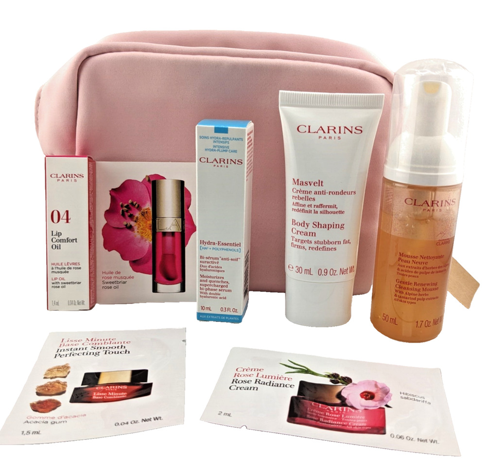Clarins 7-Piece Deluxe Beauty Travel Gift Set (Cosmetics Bag, Cleanser, Lip Oil)